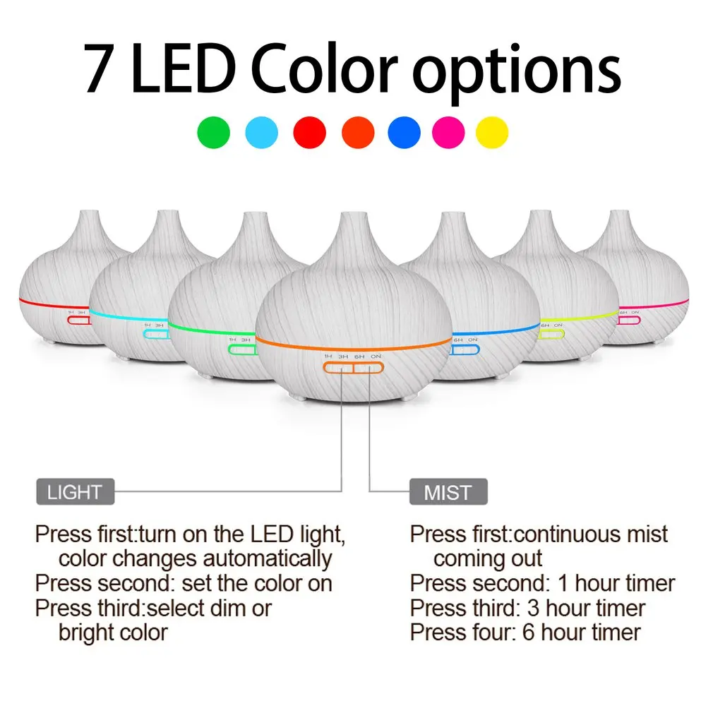

White Wood Grain Aromatherapy Essential Oil Diffuser 7 Color LED Light Ultrasonic Cold Fog Humidifier Air Purifier