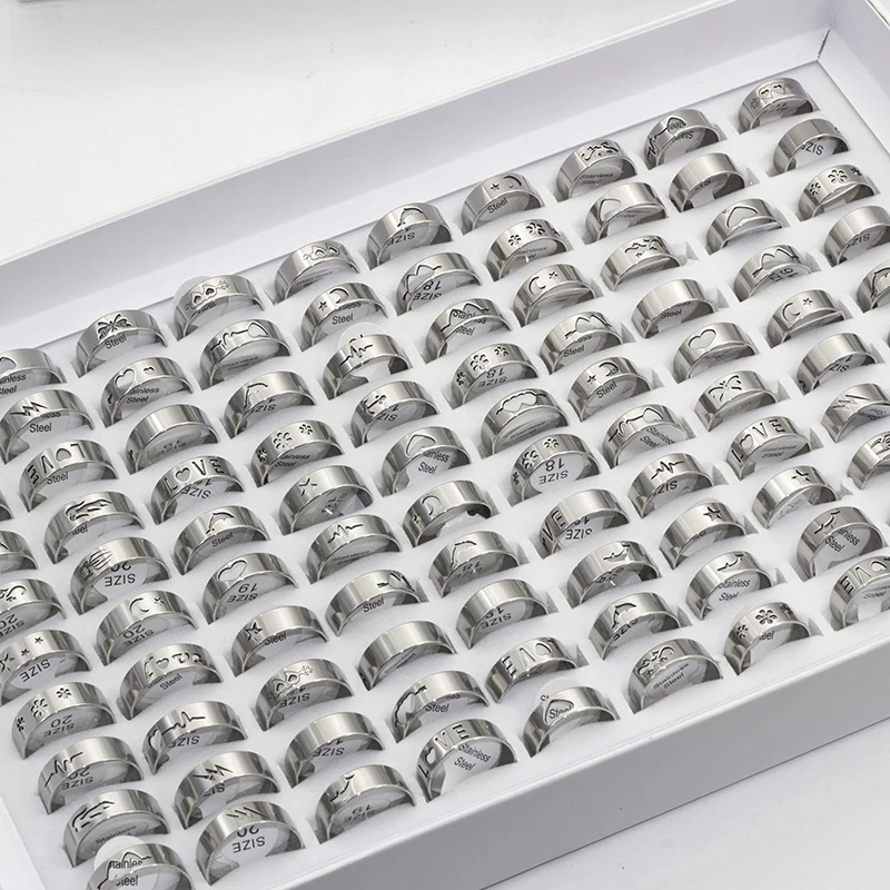 100Pcs/Lot Stainless Steel Star Moon Heart Butterfly Hollow Rings for Women and Men Wholesale Mix Style Silvery Couple Jewelry