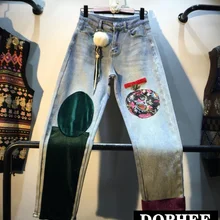 Новая мода осень и зима сшитые цветные Заплатки с высокой талией Прямые джинсовые штаны для женщин индивидуальность пчелиный мех норки джинсовые брюки