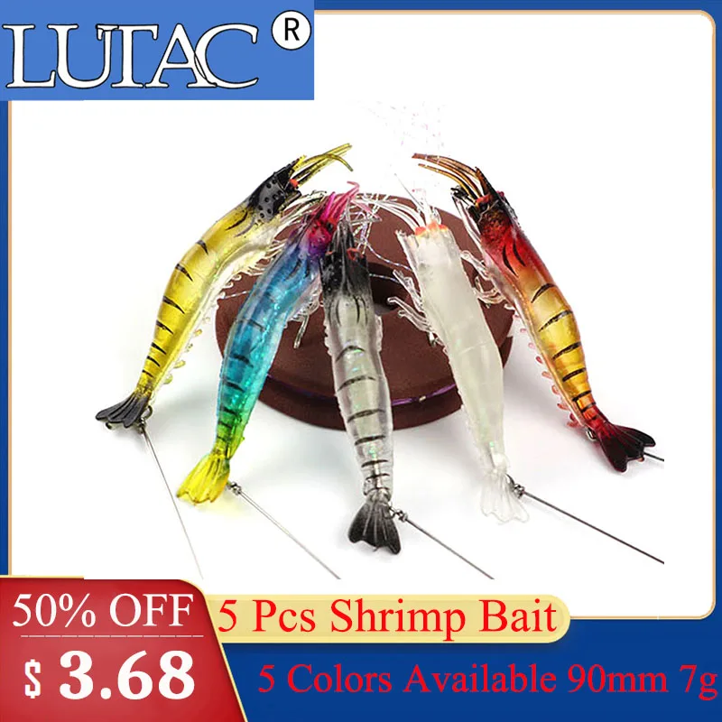 

5Pcs LUTAC luminous shrimp bait silicone soft lure 90mm 7g with swivels hooks wobblers Artificial Fishing Tackle