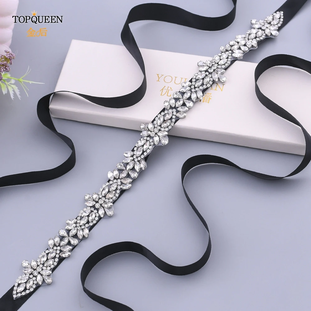 

TOPQUEEN S429-S Luxury Bride Belt Bridesmaid Silver Thin Dress Belts for Women Evening Gown Sash Elegant Black Dresses Belts