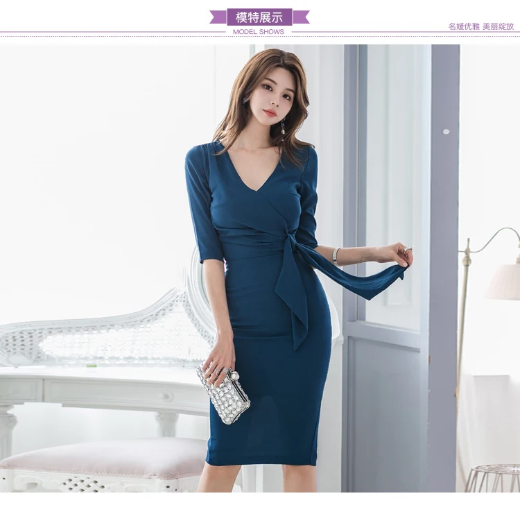 Autumn New Fashion Women Sexy V-neck Half Sleeve Slim Bodycon Pencil Dress Elegant Lace Up slim Fit office OL work Dress