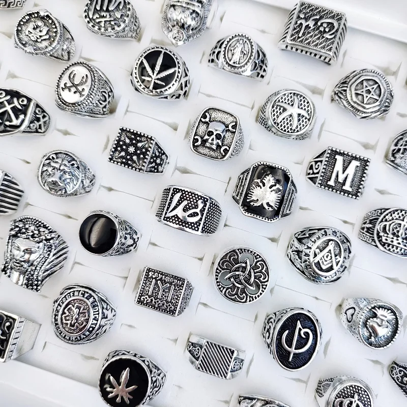 Wholesale 50 Pcs/Lot Punk Gothic Crown AG Rings for Men and Women Mix Charm Black Glaze Antique Silvery Vintage Jewelry Gift