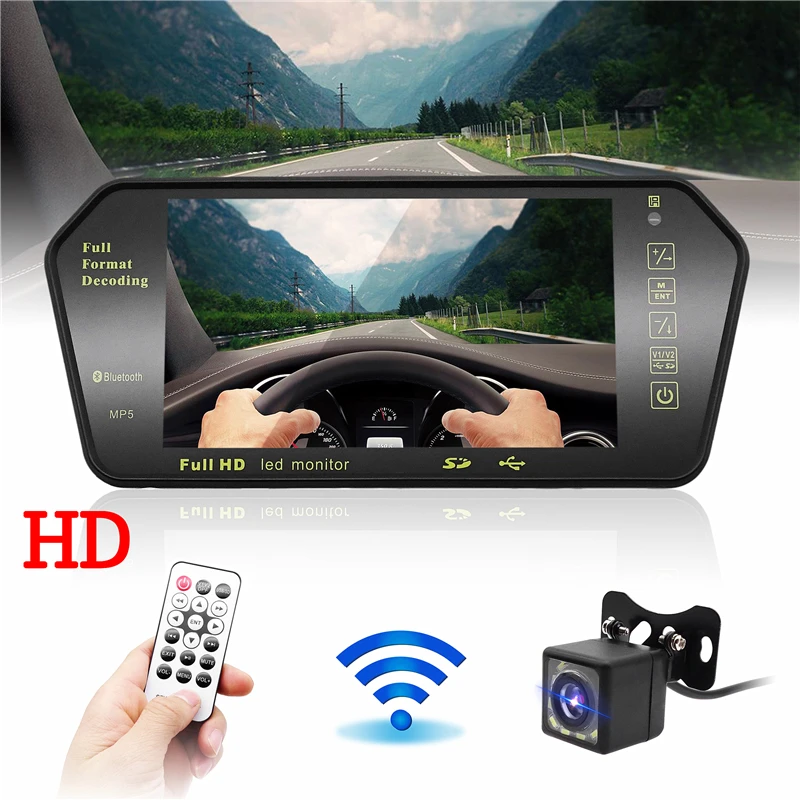 7'' Color Car Rear View Parking Mirror Monitor+Reversing Camera Wireless MP5 LCD Bluetooth-compatible Video Receiver | Автомобили