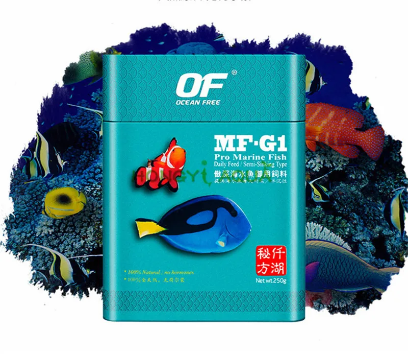 

OF Fish tank fish food Marine fish Semi-sinking feed Marine hanging class big fairy clown food Small/Medium particles MF-G1 250g