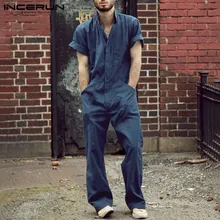 INCERUN, Мужская Однотонная рубашка с коротким рукавом, комбинезон, модный, комфортный, Карго, комбинезоны, повседневные, Джокер, на молнии, мужские комбинезоны, уличная одежда
