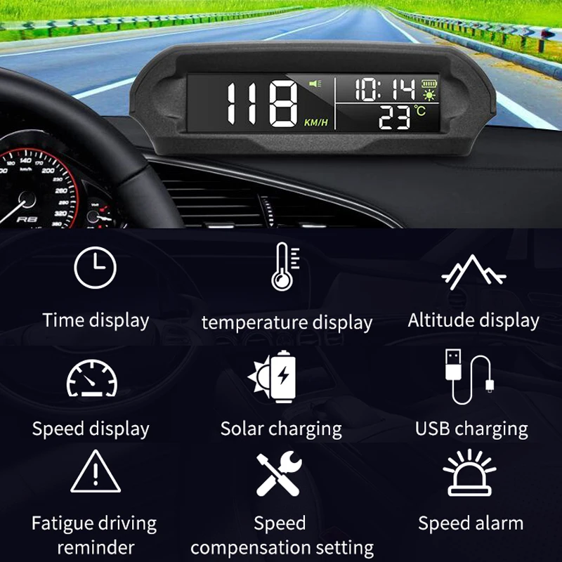 YanYun X98 Universal HUD Coche Medidor Digital Solar GPS VelocíMetro Alarma de Exceso de Velocidad Distancia Pantalla de Altitud 
