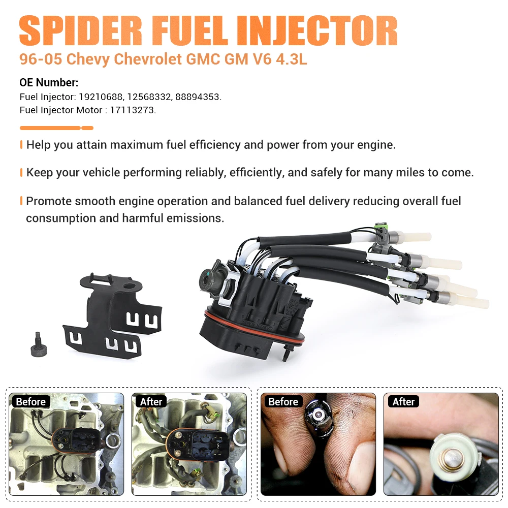 Spider Fuel Injector FJ503 w/ Retaining Bracket SCPI to MPFIFJ10565 217-3028 12568332 For 96-05 Chevy Chevrolet GMC GM V6 4.3L
