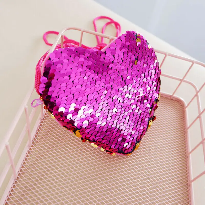 Brand New Sequins Heart Shape Kids Shoulder Coin Bag Baby Girls Mermaid Cartoon Purse Handbags Mini Wallets - Цвет: Ярко-розовый