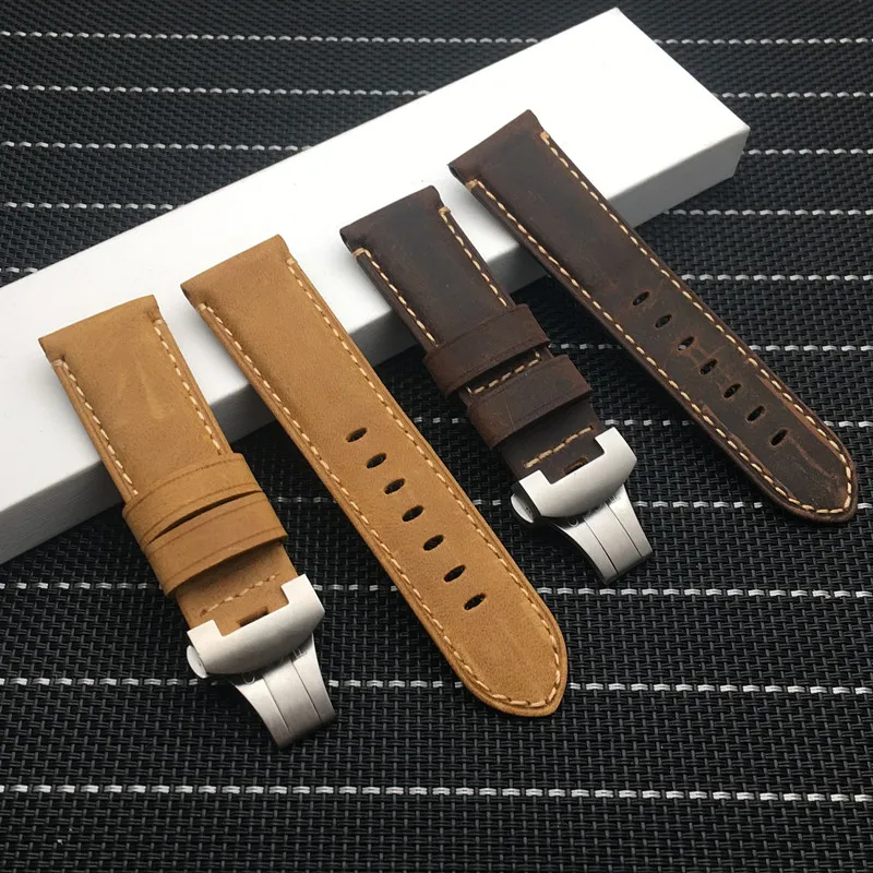 24 мм коричневый Ретро Crazy horse из натуральной кожи ремешок для Panerai ремешок для PAM441 Браслет Бабочка Пряжка ремешок для часов