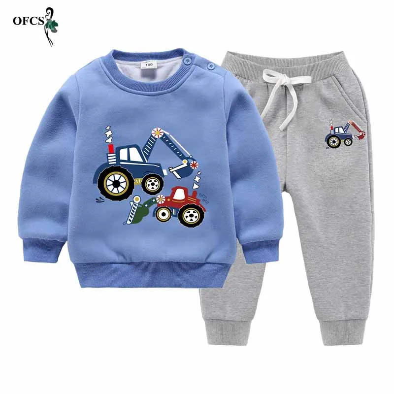 Осенний утепленный детский флисовый свитер костюм с рисунком теплая одежда для маленьких мальчиков и девочек длинный рукав+ штаны 2 комплекта - Цвет: Sky Blue add Gray