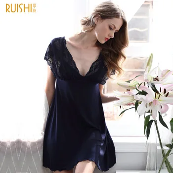 

Modal Nightdress Women's Deep V Lace Sleepwear Modal Sexy Hollow Summer Leisure Tops Strap Lace Loose solid color