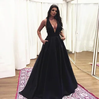 

Sexy Plunge V-neck Long Satin Prom Dresses 2020 Backless Evening Gowns Black Party Dresses Robe De Soiree Evening Dress