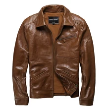 Мужская коричневая повседневная кожаная куртка размера плюс XXXL из натуральной толстой воловьей кожи, Мужская зимняя теплая приталенная кожаная куртка