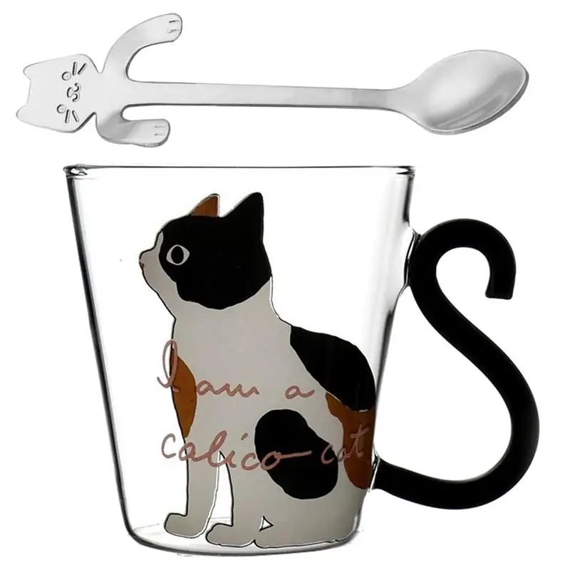Милые кошки термостойкие кофейные чашки для напитков, изоляционные стеклянные чайные чашки, креативный подарок, посуда для напитков, молоко с ложкой