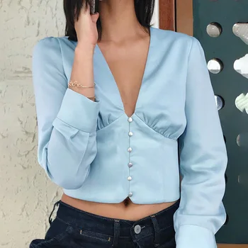 

Sexy V Neck Long Sleeve T Shirt Women Single Brested Solid Satin Tops Navel Exposed Crop Tops Spring Fashion Streetwear Blusa