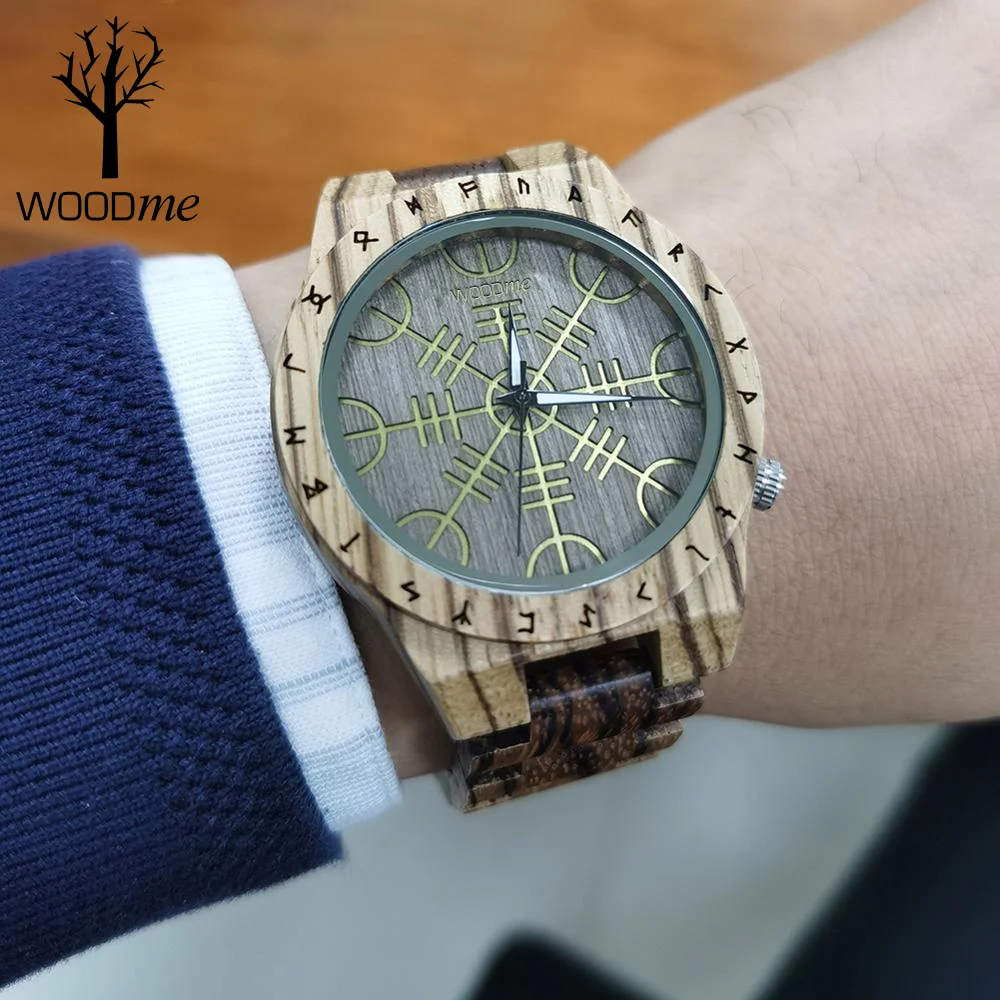 Деревянные часы WOODME Helm of Awe или Vegvisir ручной работы мужские деревянные круглые