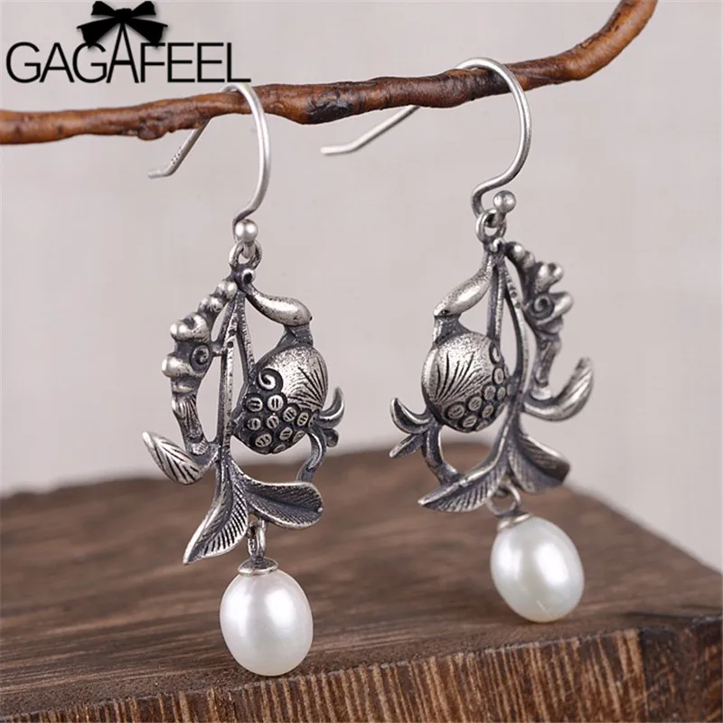 

GAGAFEEL New Design Vintage Earring Elegant Pomegranate Flower Pearl Drop Earrings For Female Charm Jewelry