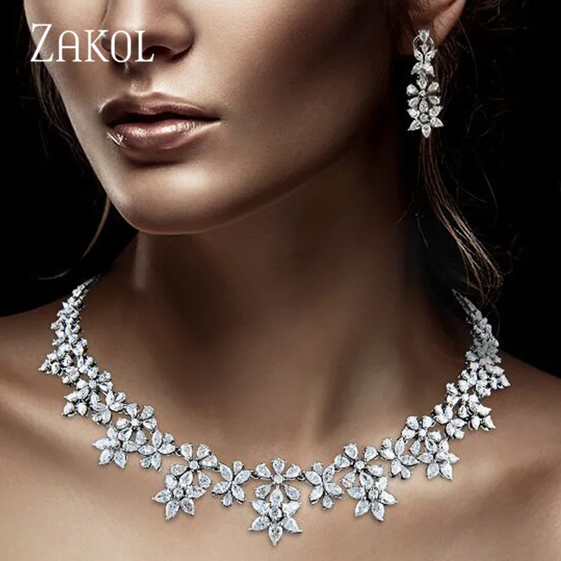 ZAKOL Роскошные Искрящийся блестящий циркон цветок серьги ожерелье тяжелый ужин