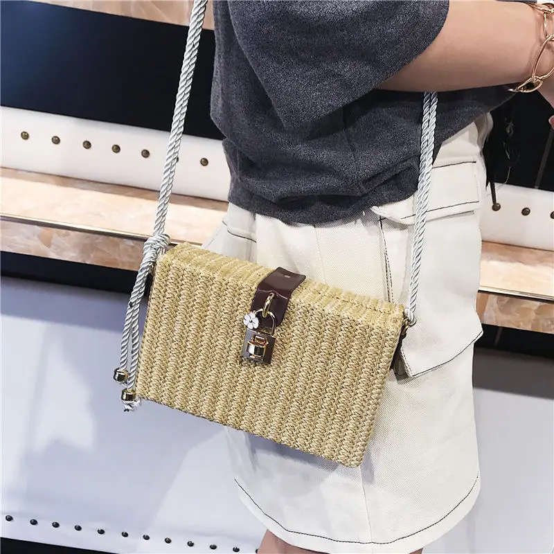 

Straw Bag WOMEN'S Bag Shoulder Weaving Lock Box Square Sling Bag Korean-style Fashion Retro Beach Small Box Oblique Bag