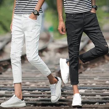 

Men Nine Part Pants Man Teenagers Self-cultivation Bound Feet Holes Jeans Yourth Trend Male Trousers