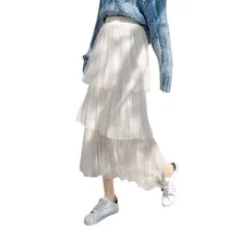 multi-layer pleated mesh skrit Cake skirt Fashion Womens Solid Mesh Fold Casual Ruffles Pleated Korean Style Sweet Skirt