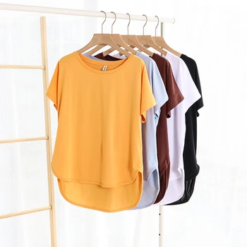 100% cotton Loose Casual Summer Short Sleeve Female T shirt Women Asymmetric O-neck Tee Tops M30326 1