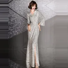 Вечернее платье с кисточками и блестками, вечернее платье с разрезом, платье русалки K018, длинные платья размера плюс, женские вечерние платья, Формальные платья с длинным рукавом