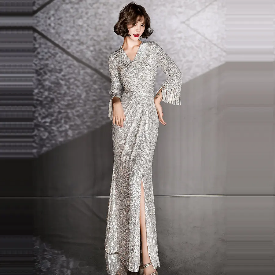 Вечернее платье с бахромой и блестками женское длинное вечернее разрезом