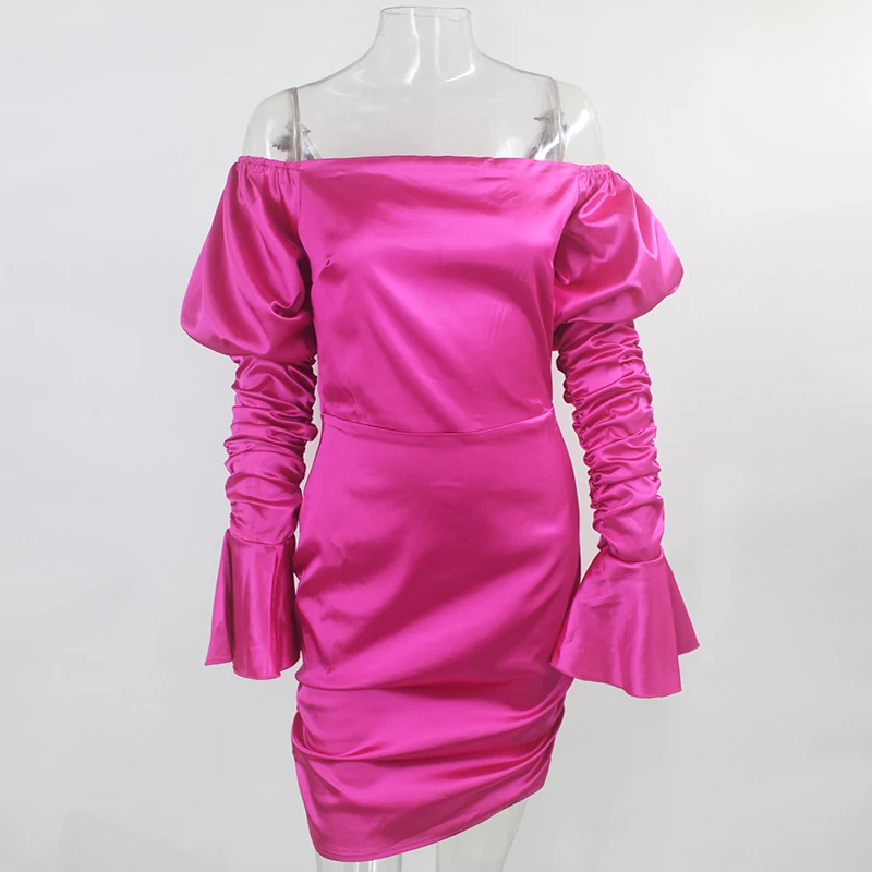 Günstige Ceremokiss Party Kleid Frauen Perle Mesh Puff Sleeve Ruched Robe Femme Slash Neck Bodycon Mini Kleid Nacht Clubwear Vestidos Rosa