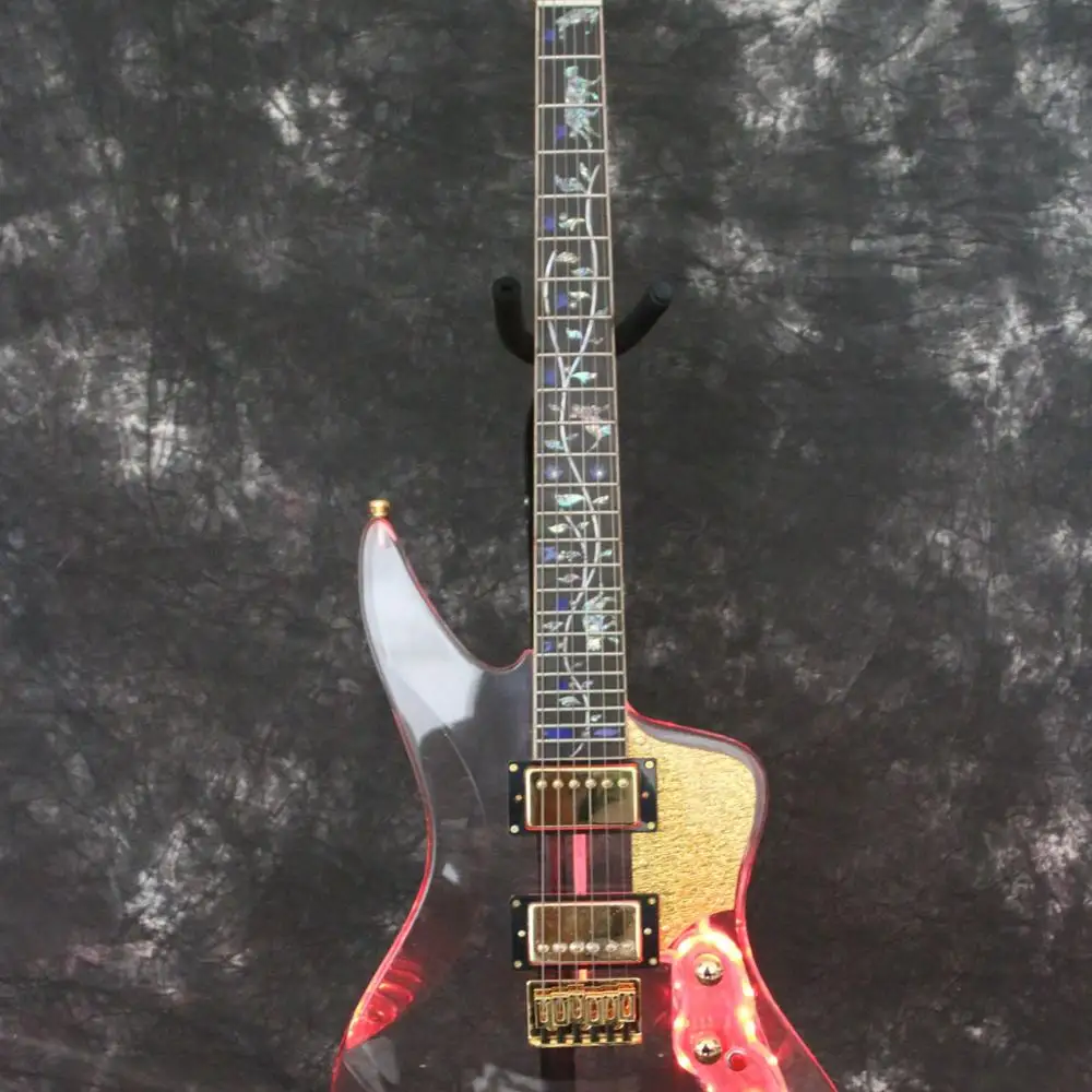 

Lzeal acrylic body led light electric guitar guitarra abalone inlay gold pickguard kill button guitar guitarra gold hardware