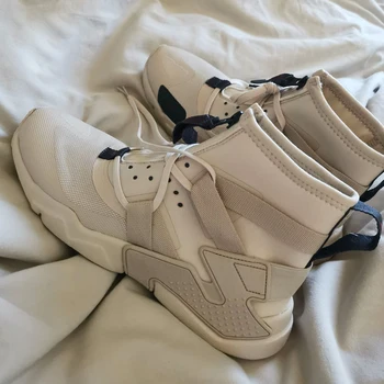 

Elastic Band Color Patchwork Couple Casual Shoes Female Breathable High Top Light Mesh Air Sports Shoes Wedge Chunky Sneakers