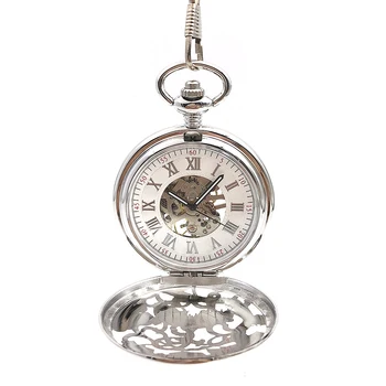 

Silver Engraving Skeleton Hollow Case Hand winding Mechanical Men's Pocket Watch Classic Pendant Xmas Gift For Men