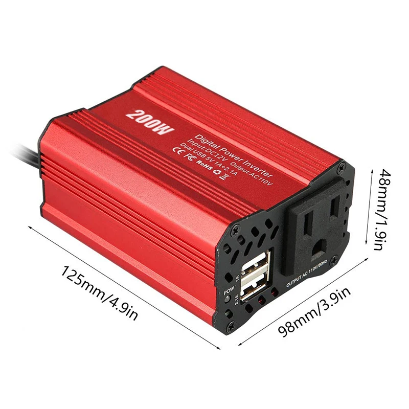 Onduleur Voiture 200W – Convertisseur 12V Vers 230V, 2 Prises + 4 Ports USB Rapide