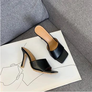 

2020 New Vintage Square Toe Female High Heel Sandals Women Solid Open Toe Slipper Women's Slippers Summer Designer Shoes