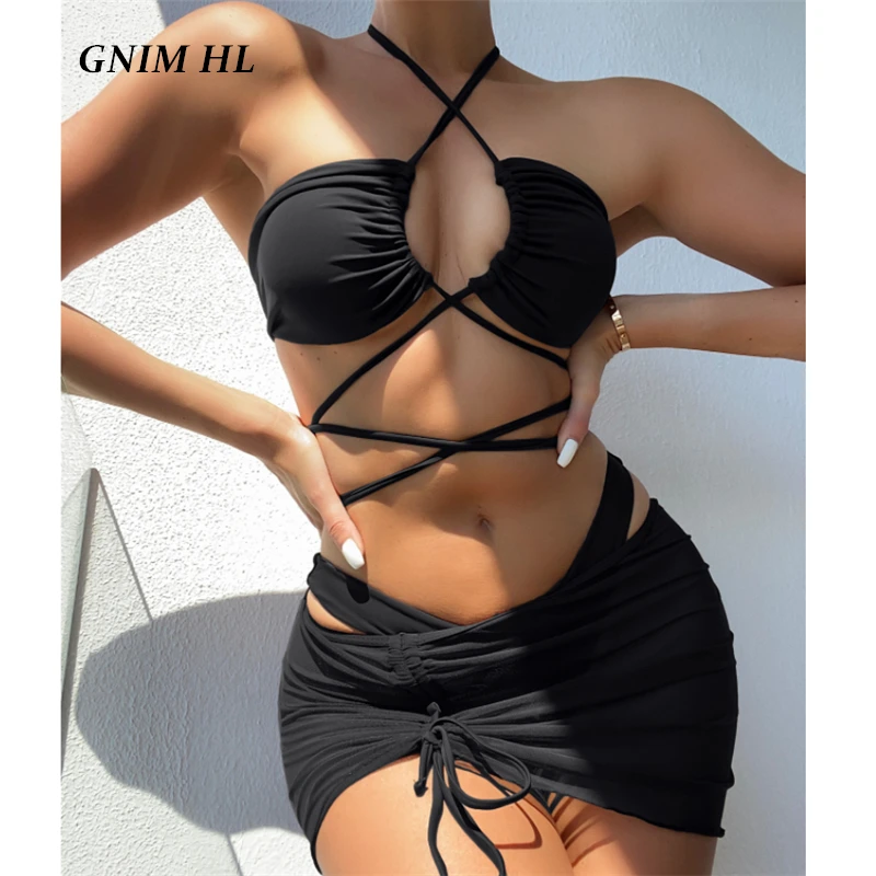

GNIM Sexy Bandage Drawstring Cover Up Bikini Swimwear Women 3 Pieces Set 2021 Summer Solid Beachwear Backless Swimsuit Biquini