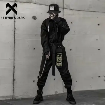 Image of 11 BYBB'S DARK Hip Hop Jumpsuit Men Ribbon Embroidered Long Sleeve Romper Zippers Cargo Overalls Streetwear Techwear Jumpsuits