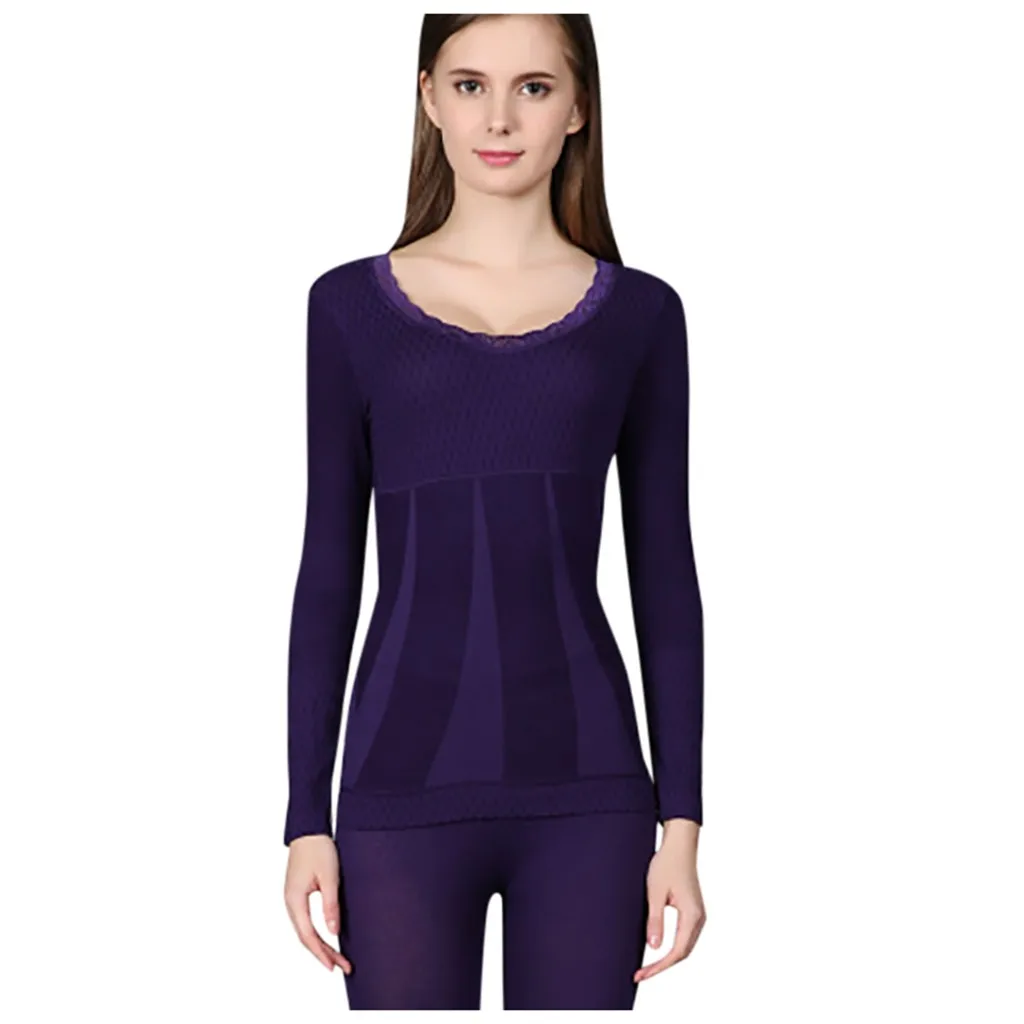 Зимняя женская бесшовная эластичная термо внутренняя одежда термобелье бесшовный эластичный комплект однотонного нижнего белья топы и брюки наборы - Цвет: Фиолетовый