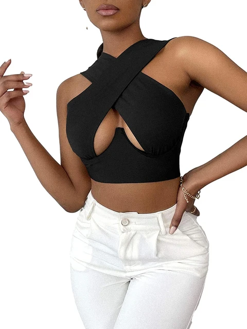 Sexy Women Criss Cross Tank Vest Close-fitting Halter Neck Cutout Front  Hollow Out Solid Color/Printed Sleeveless Crop Top S-3XL - AliExpress