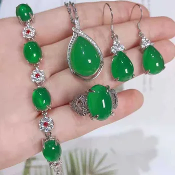 

S925 Silver Natural Ice jade Water Drop Pendant Silver Chain Earrings Set