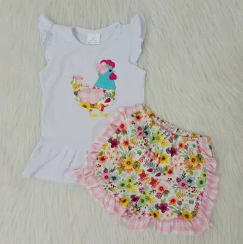 

Ready to ship kids chicken embroidery outfits clothing sets baby girls floral ruffle shorts drop shipping usa boutique clothes