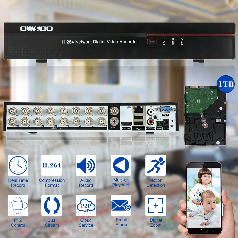

OWSOO 16CH Channel Full CIF H.264 HDMI P2P Cloud Network DVR Digital Video Recorder + 1TB Seagate Hard Disk support Audio Record