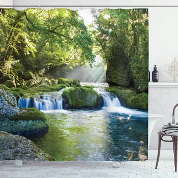 

Rainforest Shower Curtain Foliage Jungle Misty Mountains Waterside River Shaft with Sunbeams Image Bathroom Decor