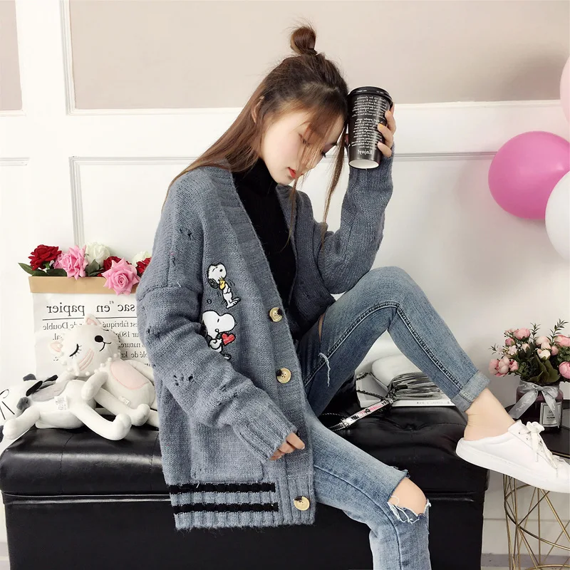 

Korean-style Harajuku Animal Embroidered Sweater Coat Loose-Fit Versatile Sweater WOMEN'S Cardigan Autumn And Winter Outdoor Stu