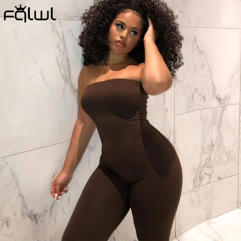 FQLWL Strapless Bodycon Jumpeuit Women Romper Streetwear One Piece Outfit Women Backless Brown Black Jumpsuit Female Ladies 2021