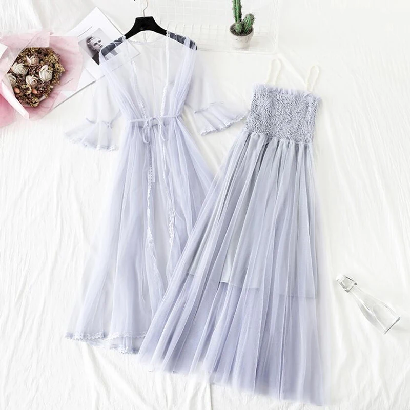 

New Women Suits Sweet Mesh Dress Flare Sleeve Sunscreen cardigan + Pearl sling Long Dress Female Princess Dress 2 Piece Set