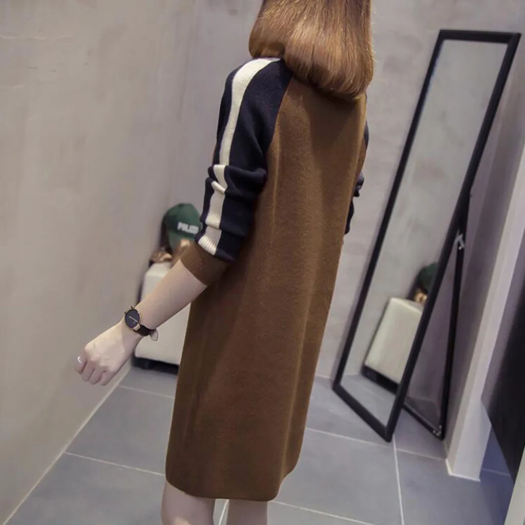 Autumn Winter Women Long Sleeve Patchwork Knit Cardigan Jumper Dress Tops Loose Casual Sweater Dress Plus Size 3xl#J30