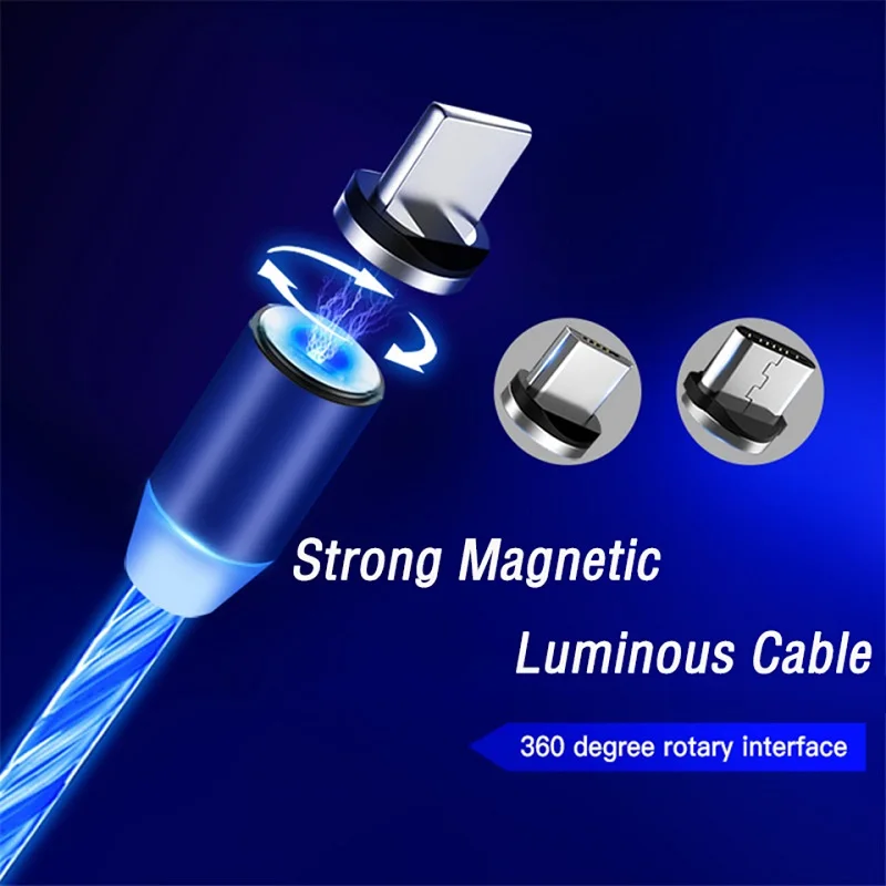 LED Lighting Magnetic USB Cable Flow Luminous Phone Cable for iPhone Type C Micro Data Wire for Apple Samaung Huawei Micro Kable