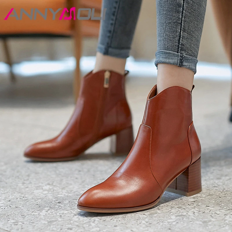 

ANNYMOLI Winter Western Boots Women Natural Genuine Leather Block High Heel Ankle Boots Zip Round Toe Shoes Lady Autumn Size 39