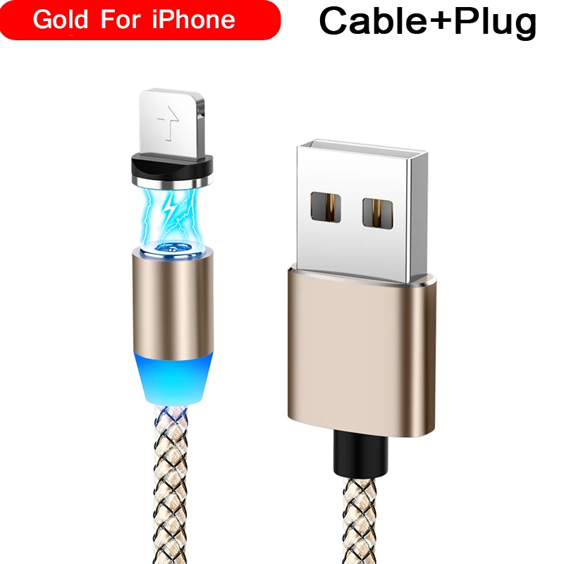 Магнитный usb-кабель для быстрой зарядки 2,1 А, Тип C, микрокабель, светодиодный, с нейлоновой оплеткой, type-C, магнитное зарядное устройство для iPhone XS X 7, samsung, 1 м, 2 м - Цвет: Gold for iPhone